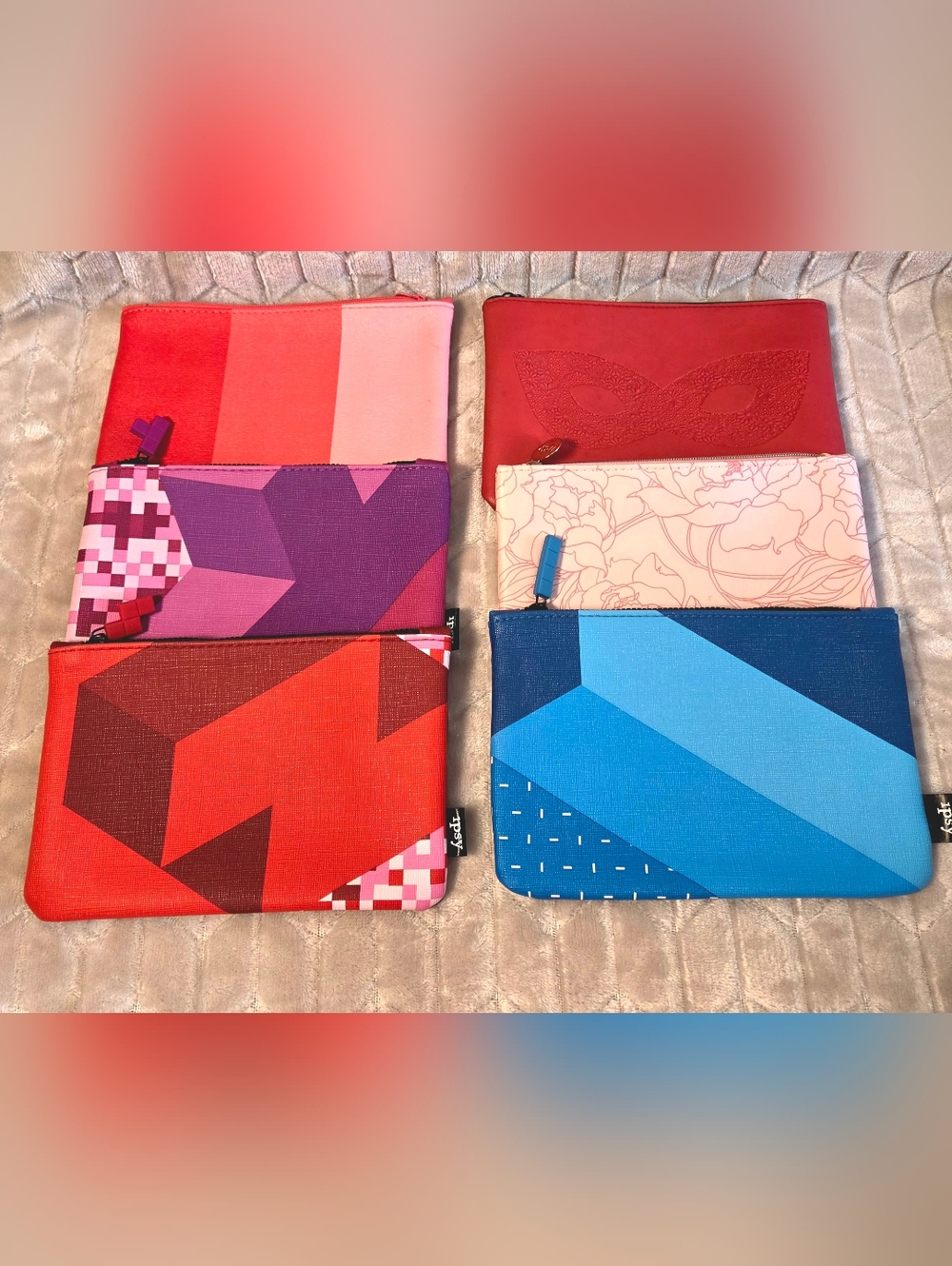 ipsy Pouch Set Colorblock, Red, Pink